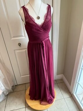 BHLDN Hitherto Lace-Trim V-Neck Maxi Dress in Maroon with Waist Sash